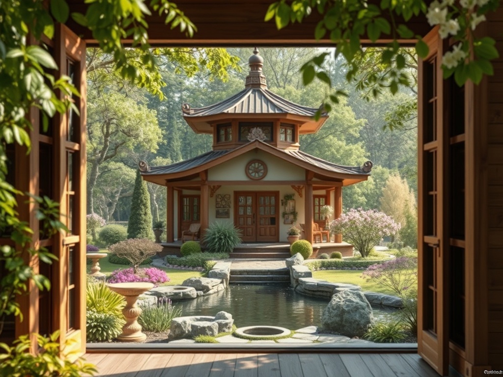 Сквозь открытые двери виден китайский павильон в саду с прудом и цветущими растениями. Спокойная атмосфера природы.
