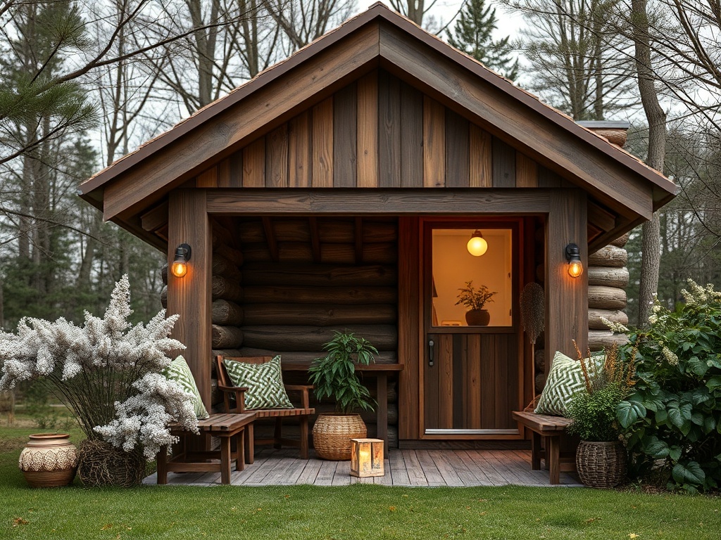 Уютный деревянный дом с террасой, окруженный зеленью и цветами, в тихом лесном окружении.