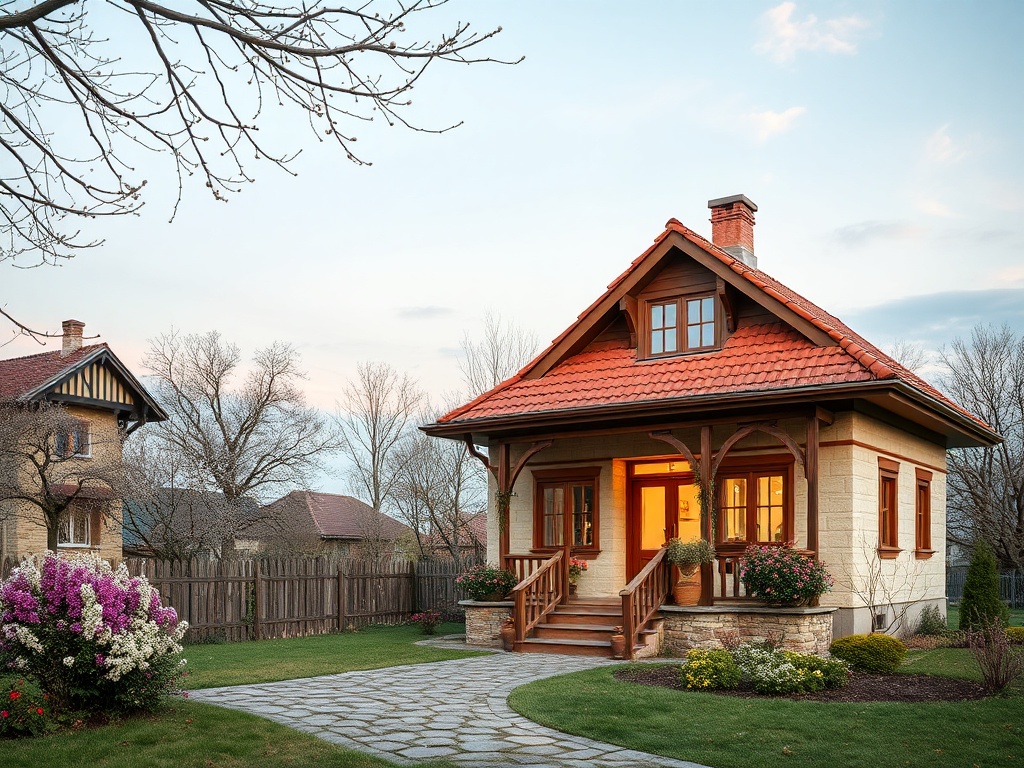 Красивая загородная дом с террасой и цветами на фоне вечернего неба. Уютная атмосфера и ухоженный сад.