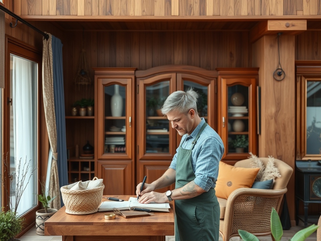 Мужчина в фартуке записывает рецепты на столе в уютной кухне с деревянными стенами.