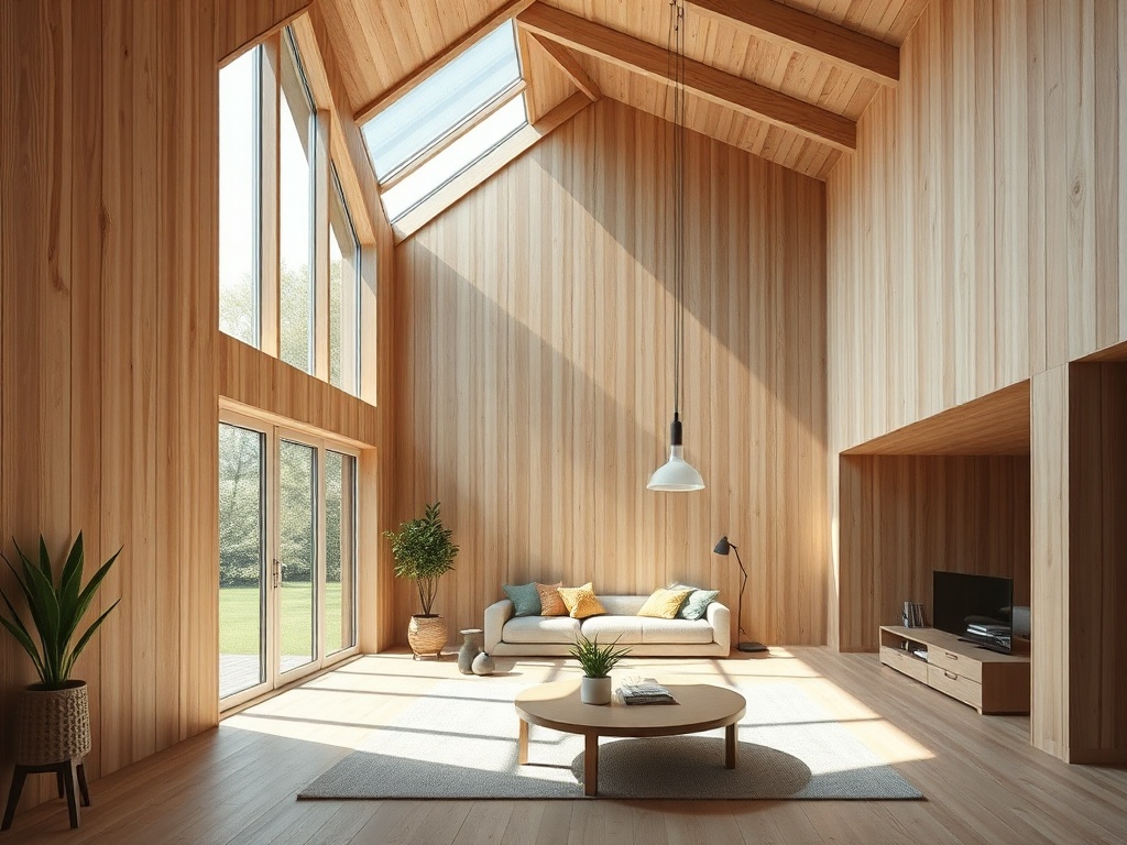 Современный интерьер с высокими деревянными стенами, светом и уютной мебелью в натуральных оттенках.