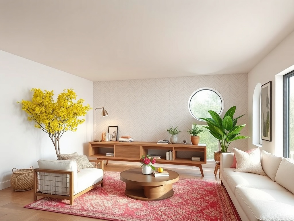 Светлая гостиная с желтым деревом, зелеными растениями и круглыми окнами, уютная мебель и красный ковер.