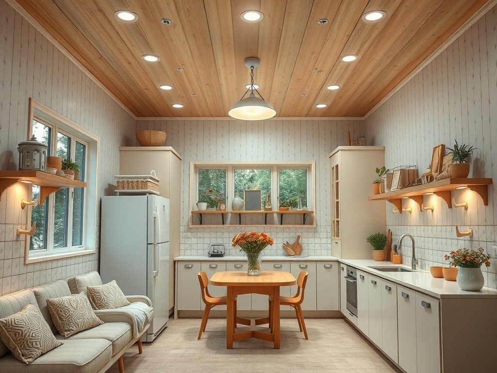 Светлая кухня с деревянным потолком, столом, диваном и растениями на полках у окон. Уютная и современная обстановка.