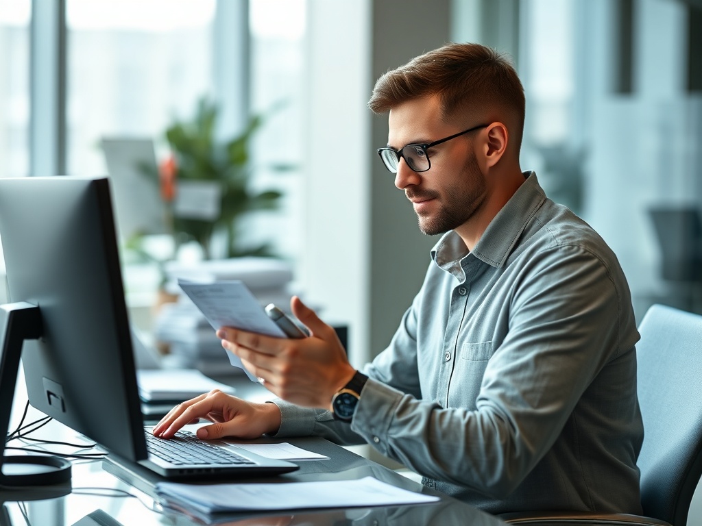 Молодой человек за компьютером смотрит на документы и записывает информацию на листе бумаги.