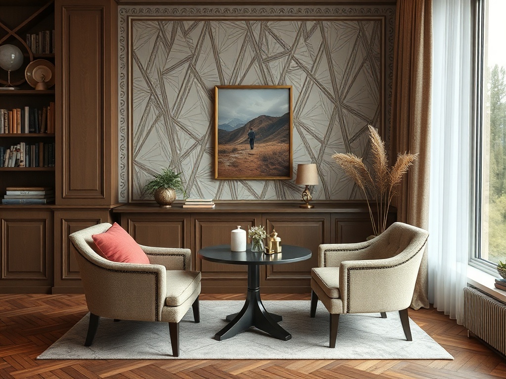 Современный уютный интерьер с креслами, столиком и картинами на стене, оформленный в теплых тонах.