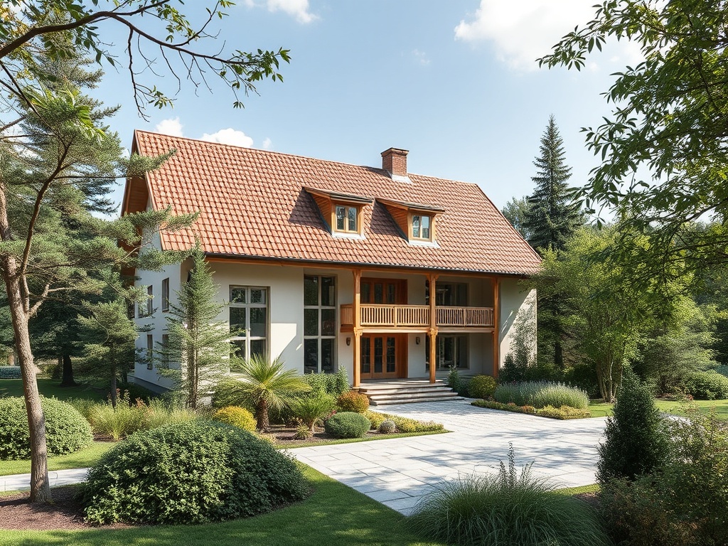 Современный дом с балконом, окруженный зеленым садом и ухоженными растениями, под ясным небом.