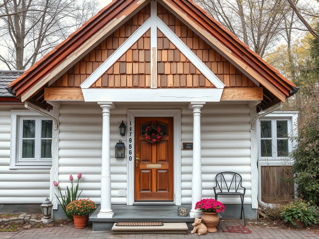 Красивый дом с деревянным фасадом, колоннами и цветами у входа. Уютная атмосфера и ухоженный ландшафт.