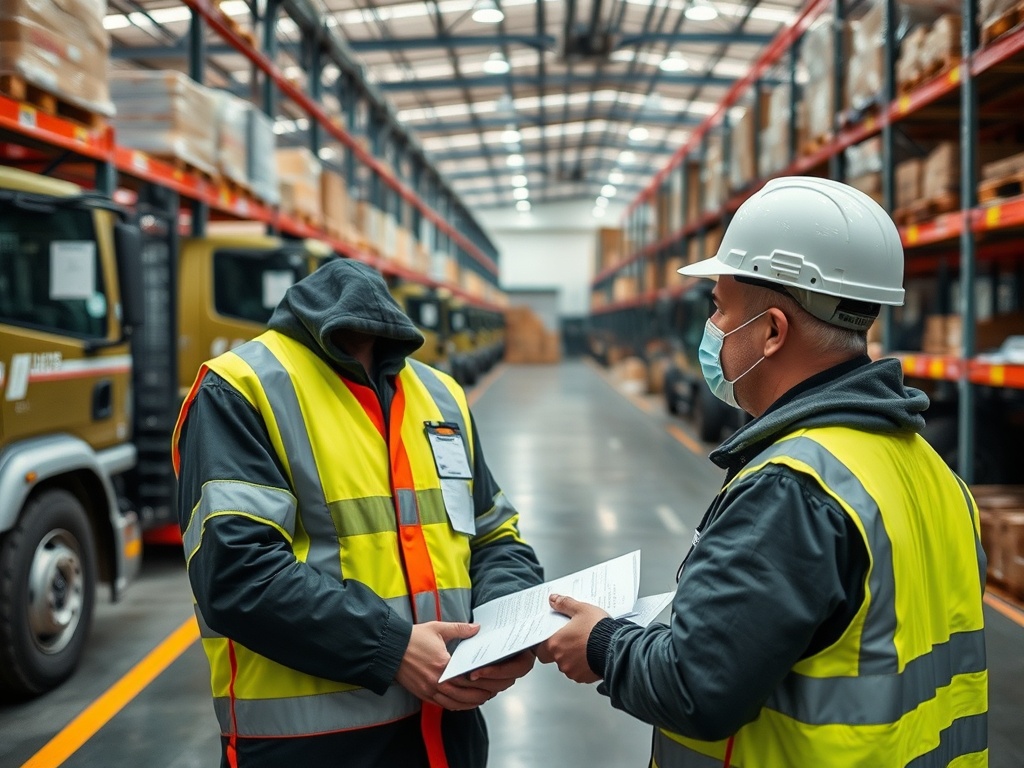 Два работника на складе обсуждают документы, стоят рядом с грузовиками на фоне стеллажей с товарами.