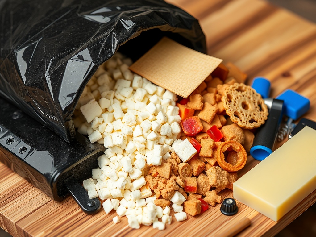 На столе лежит черный пакет с разнообразными закусками и небольшими предметами.