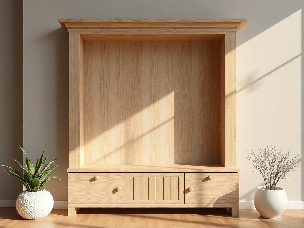 Деревянная полка без предметов, с двумя ящиками и растениями в горшках рядом. Светлый интерьер.