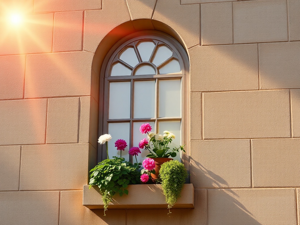 Окно с красивыми цветами на подоконнике, светит солнце, создавая яркую атмосферу.