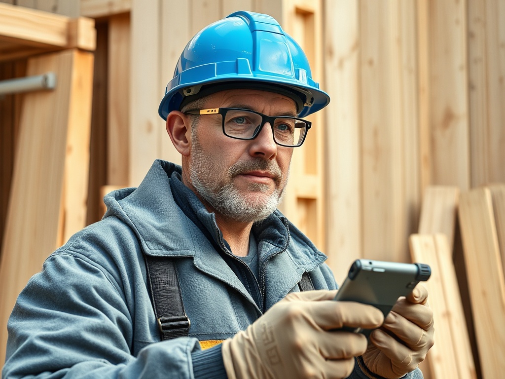 Рабочий с синим каской и очками, держащий смартфон на фоне деревянных материалов.
