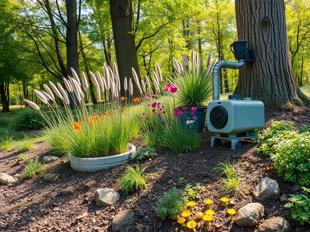 Сад с цветами и зеленой травой, рядом установлено устройство для полива растений.