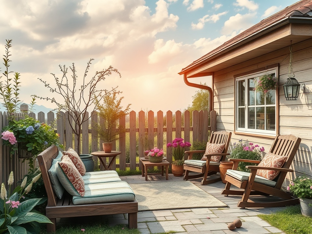 Уютная терраса с цветами, креслами и солнцем на фоне загородного дома и забора. Расположение для отдыха.