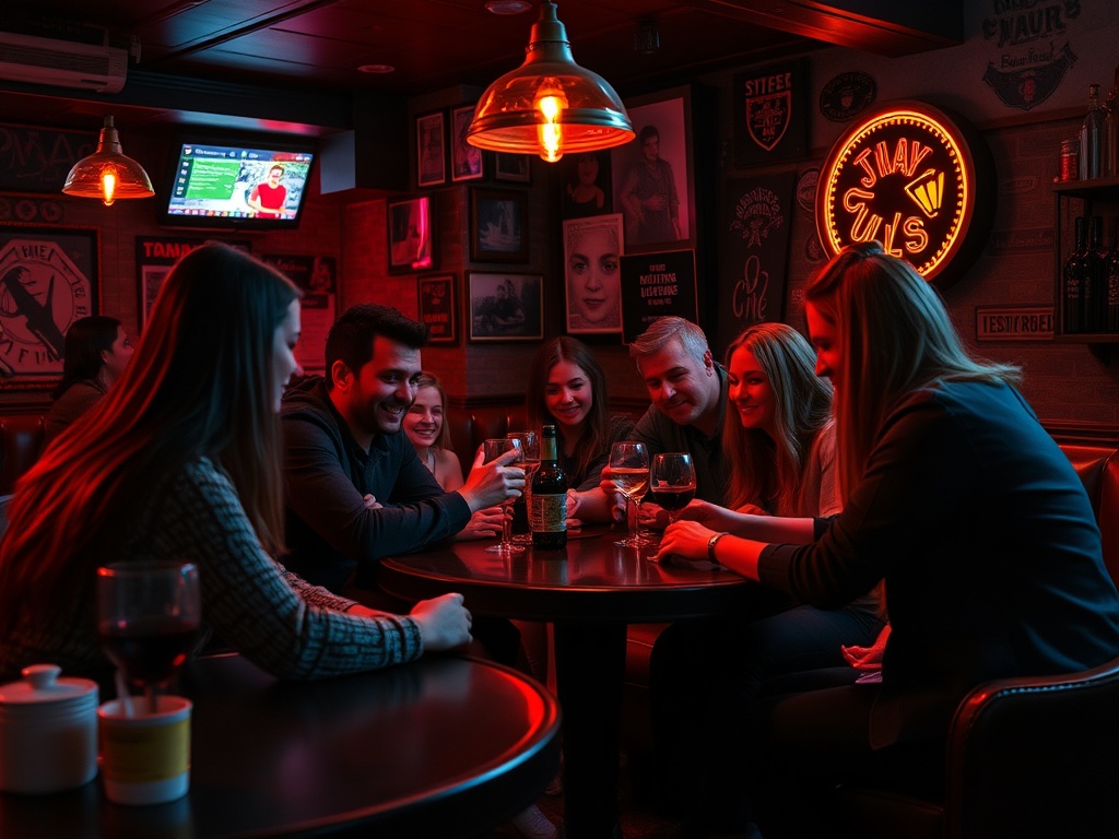 Группа друзей наслаждается вечером в баре, смеются и общаются за столом с напитками. Теплая атмосфера.