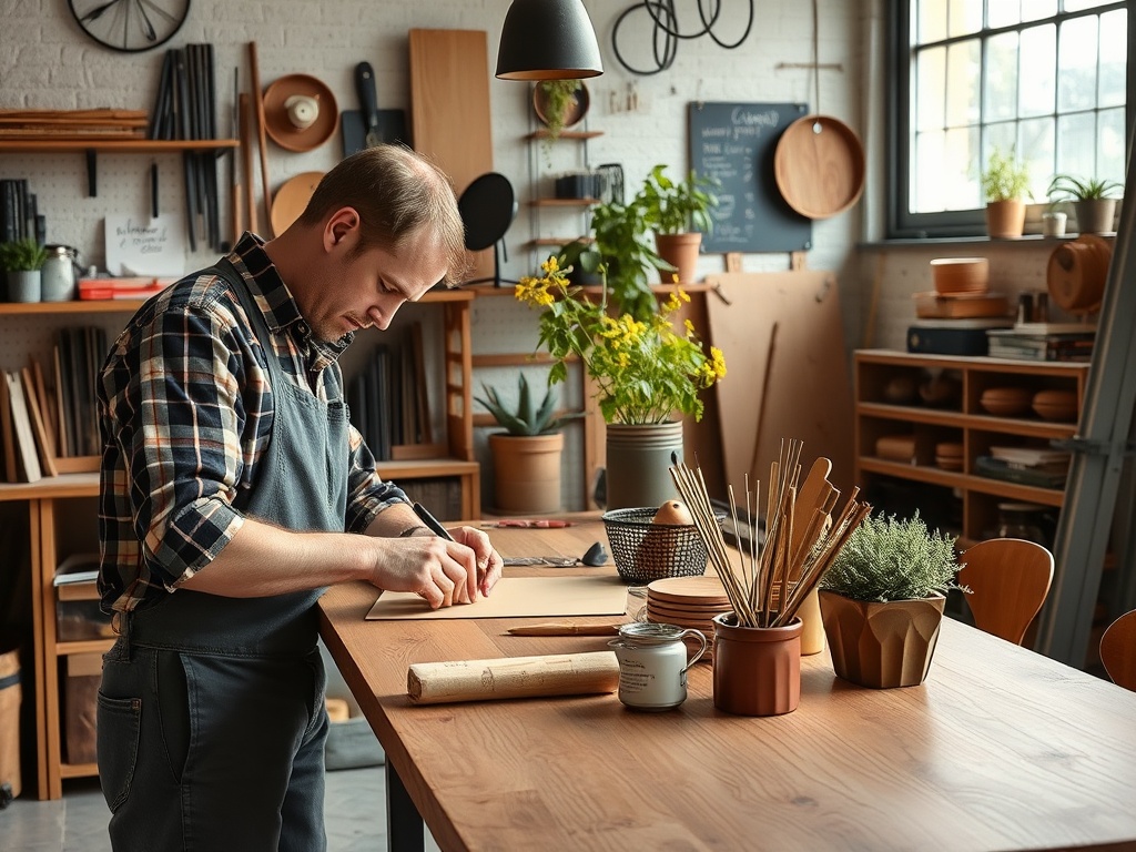 Мужчина работает за столом в мастерской, окружённый деревом и растениями. На столе инструменты и материалы.