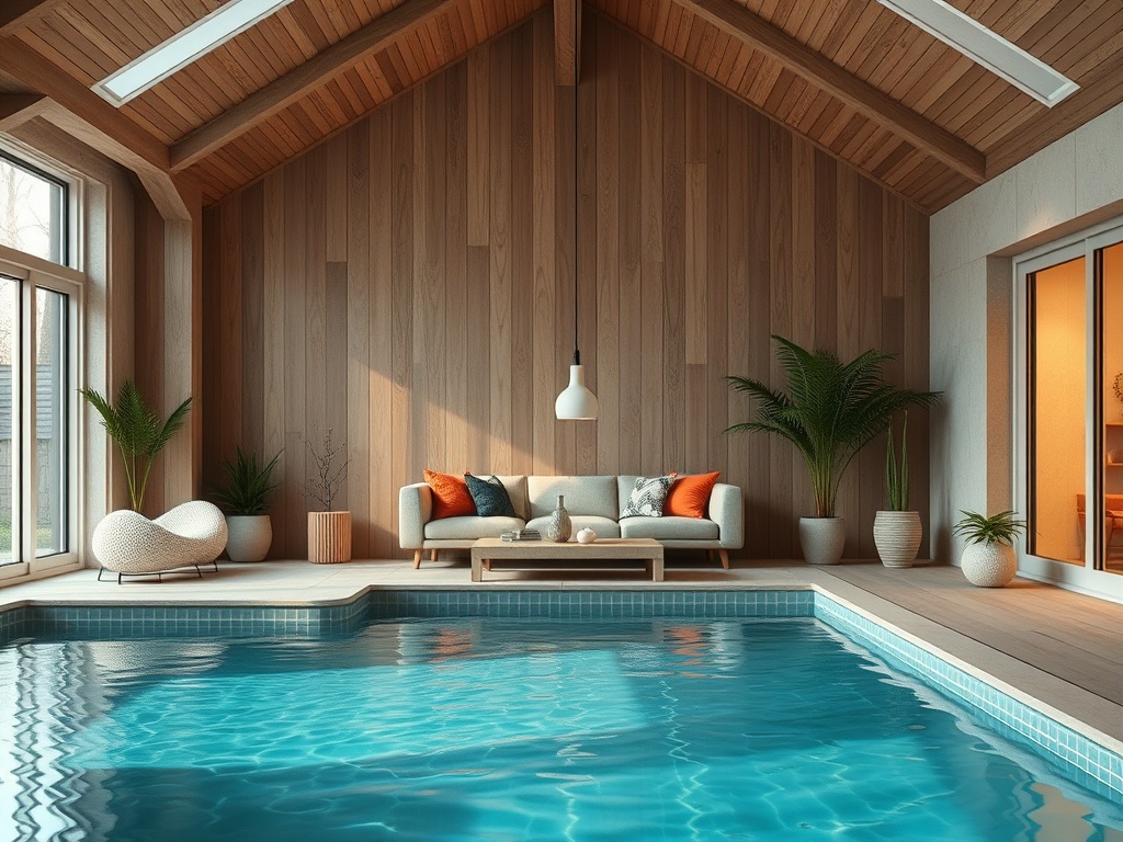 Современный интерьер с бассейном, уютным диваном и зелеными растениями, большие окна с естественным светом.