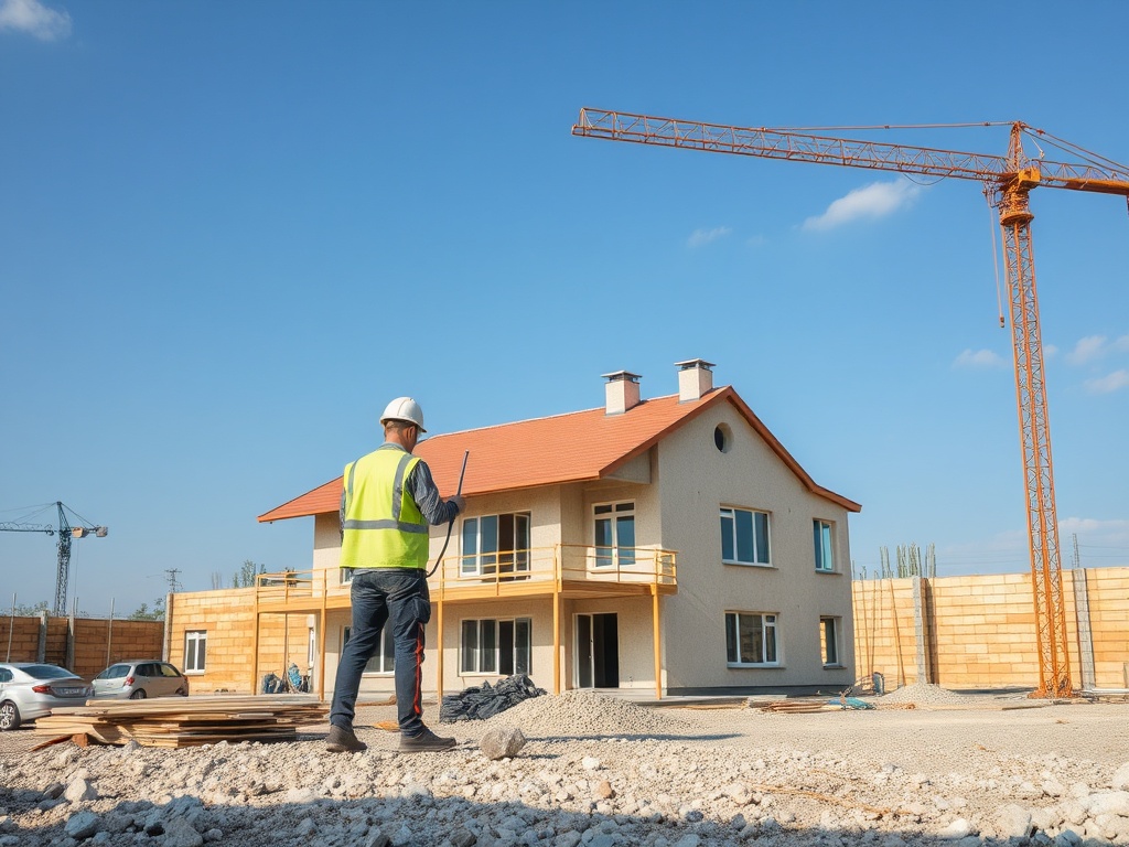 Строительная площадка с рабочим в каске и жилым домом под строительством на фоне голубого неба.