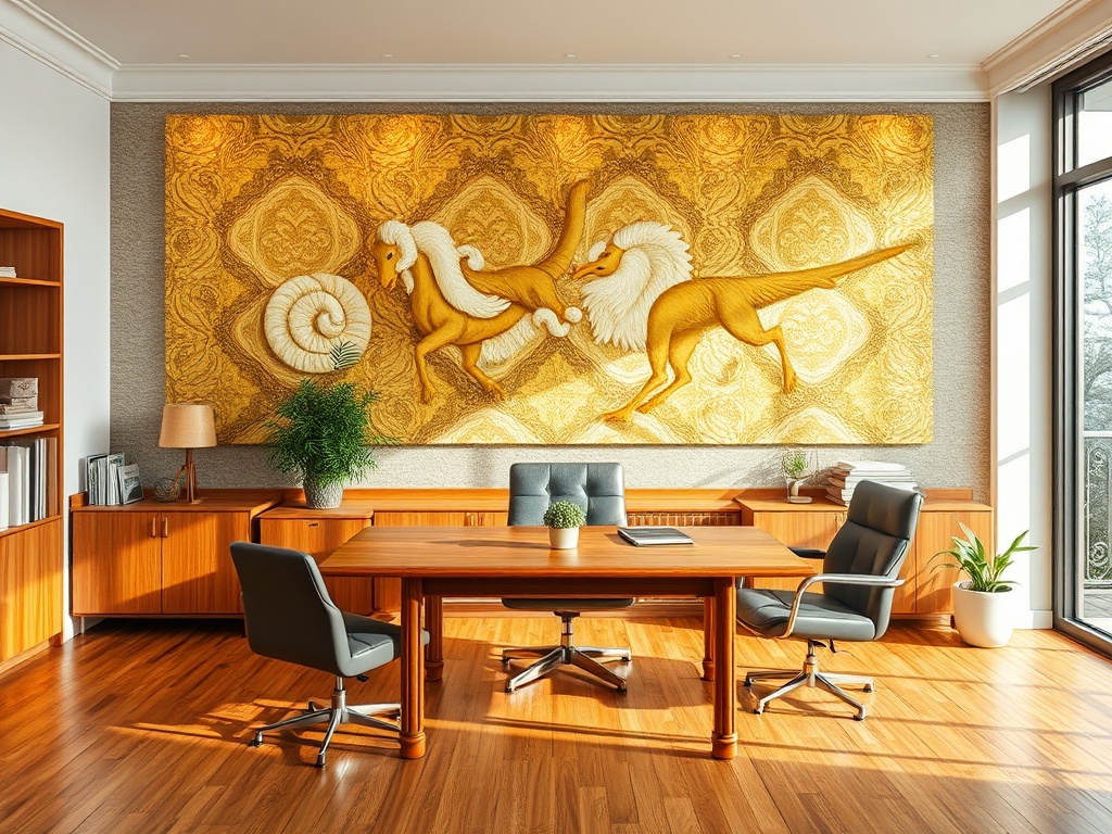 Современный офис с деревянной мебелью и золотым панно с мифическими существами на стене.