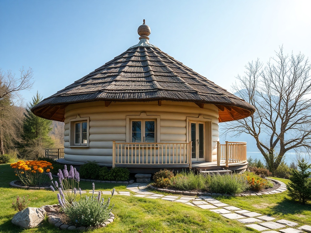 Круглый дом с соломенной крышей, окружённый цветами и зеленью, расположен на фоне красивого пейзажа.