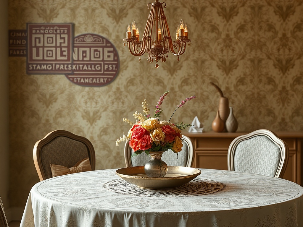 Элегантный обеденный стол с вазой цветов, люстра и декоративная стена в роскошном интерьере.