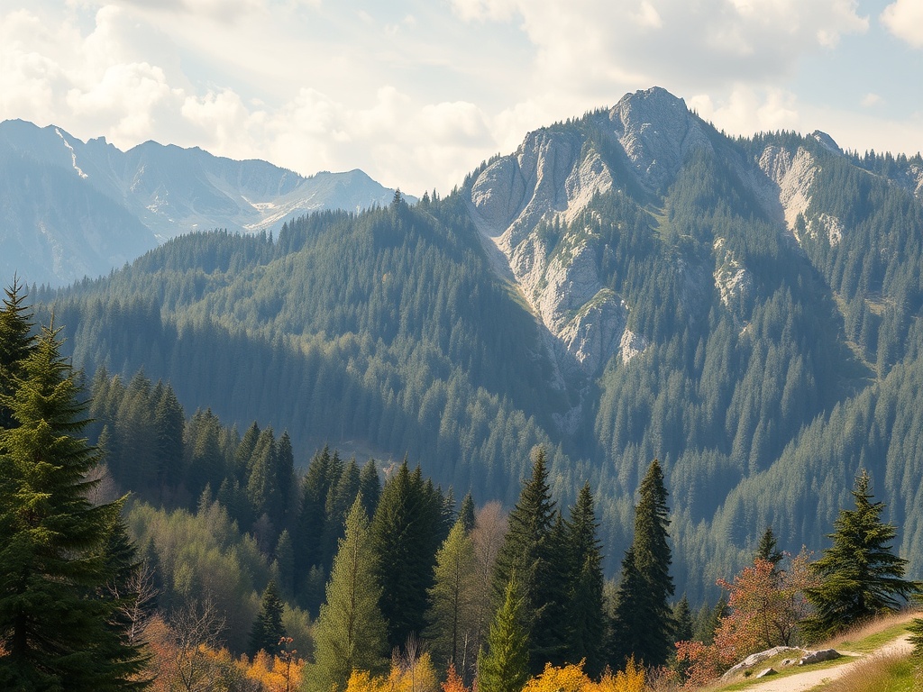 Величественные горы с зелеными лесами и осенними листьями на фоне светлого неба.