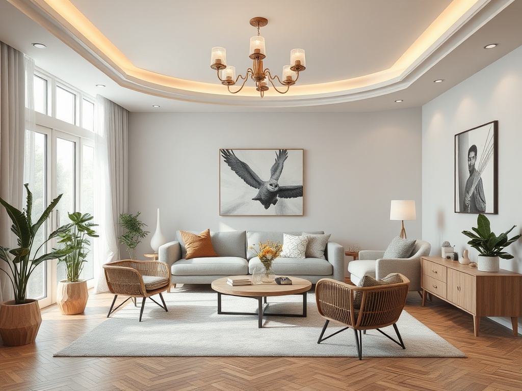 Современный светлый интерьер гостиной с мягкой мебелью и растениями в горшках. Уютная атмосфера для отдыха.