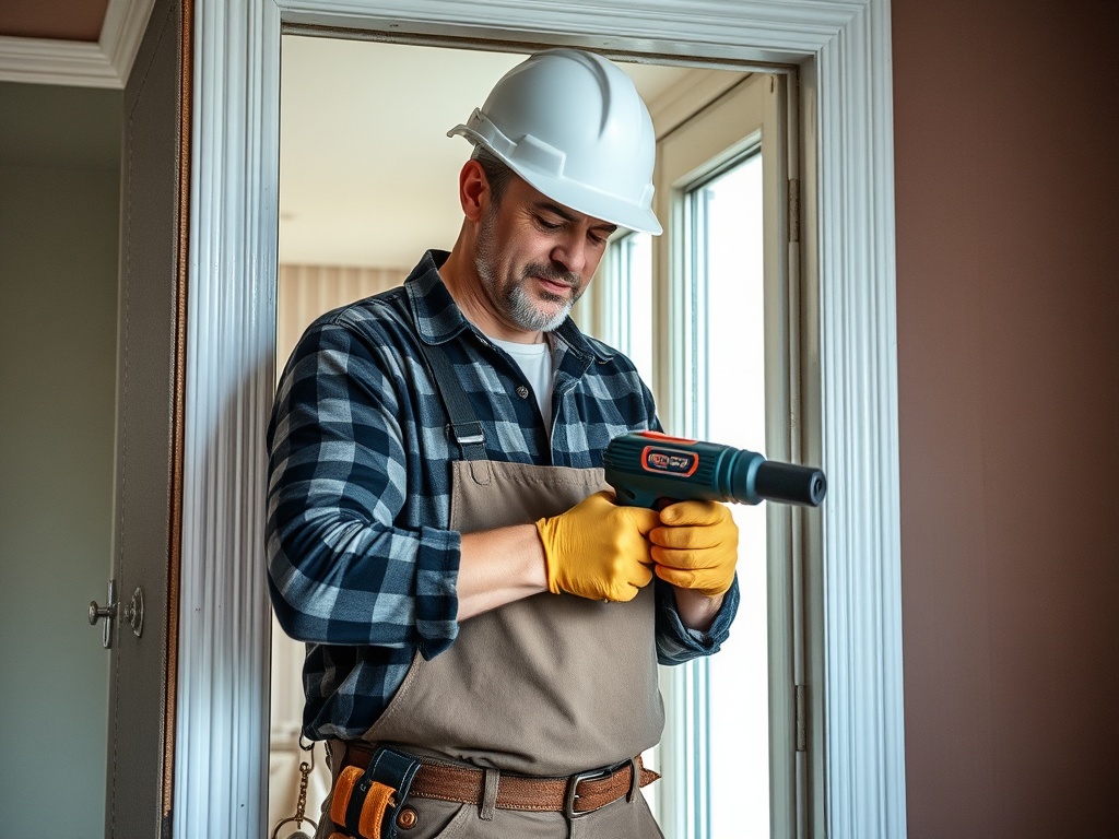 Мужчина в каске и перчатках держит инструмент, стоя в дверном проеме. В помещении светло и уютно.