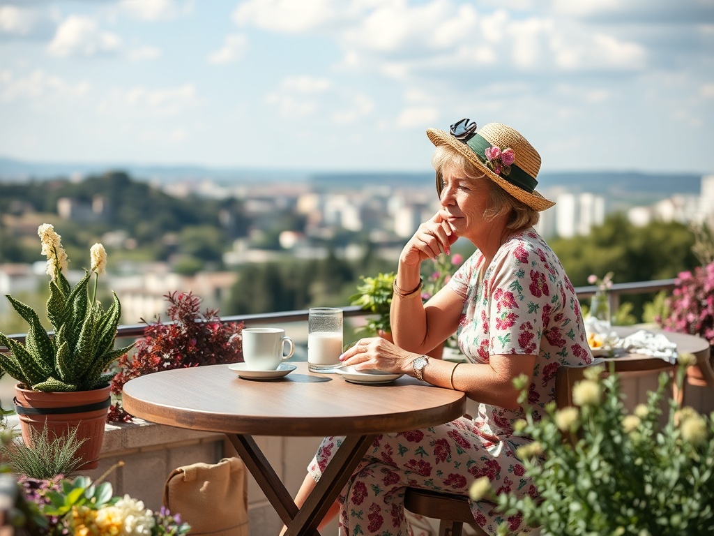 Женщина сидит на балконе с видом на город, наслаждаясь чашкой кофе и солнечным днем среди цветов.