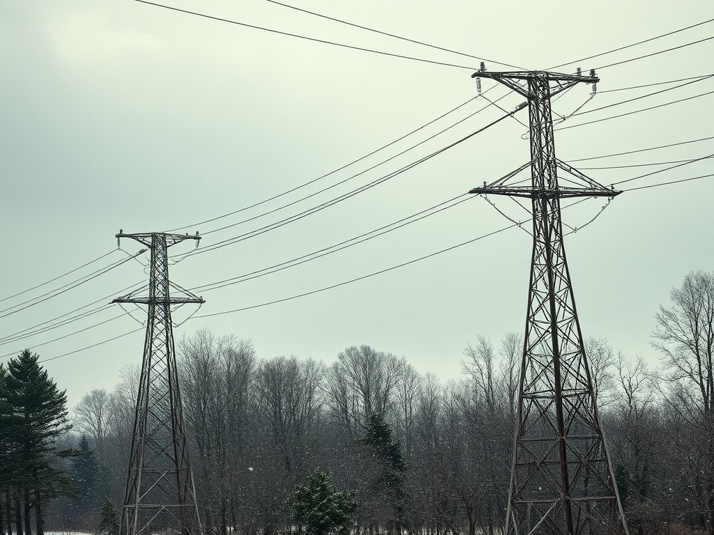 Два электрических столба на фоне зимнего пейзажа с деревьями и облачным небом.