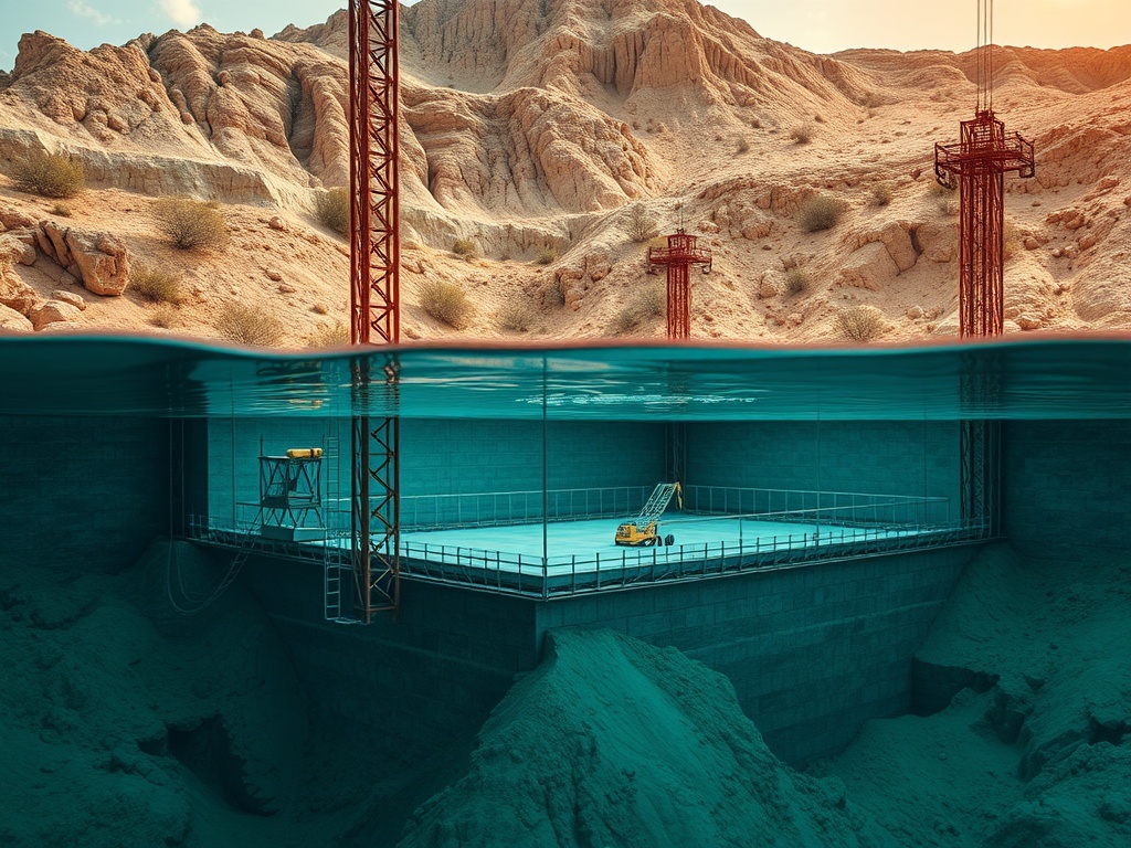 Подводная строительная площадка с кранами, окруженная песчаными берегами и скалами.