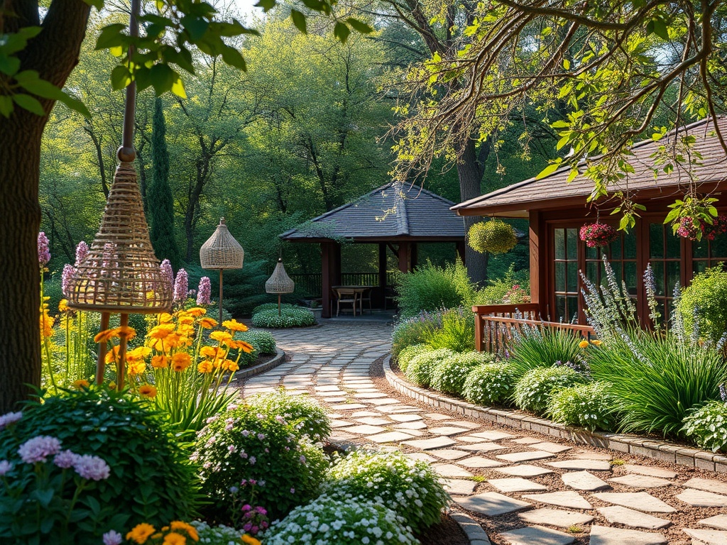 Уютный сад с природными тропинками, цветами и беседкой на фоне зелёных деревьев.