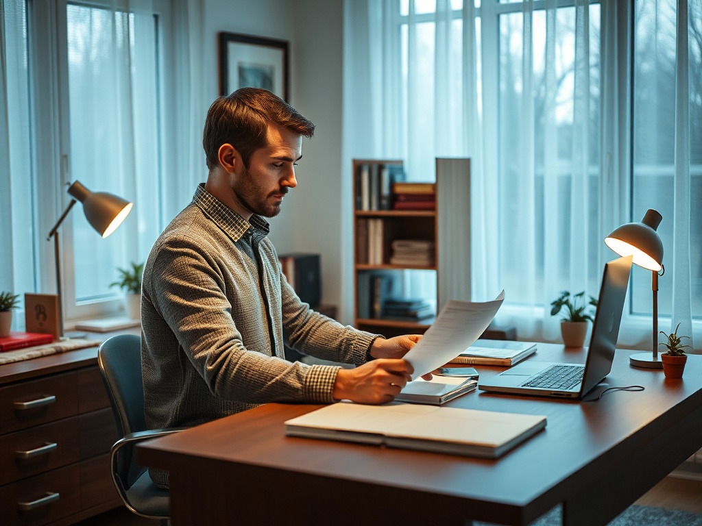 Мужчина в свитере изучает документы за письменным столом в уютном и светлом офисе.