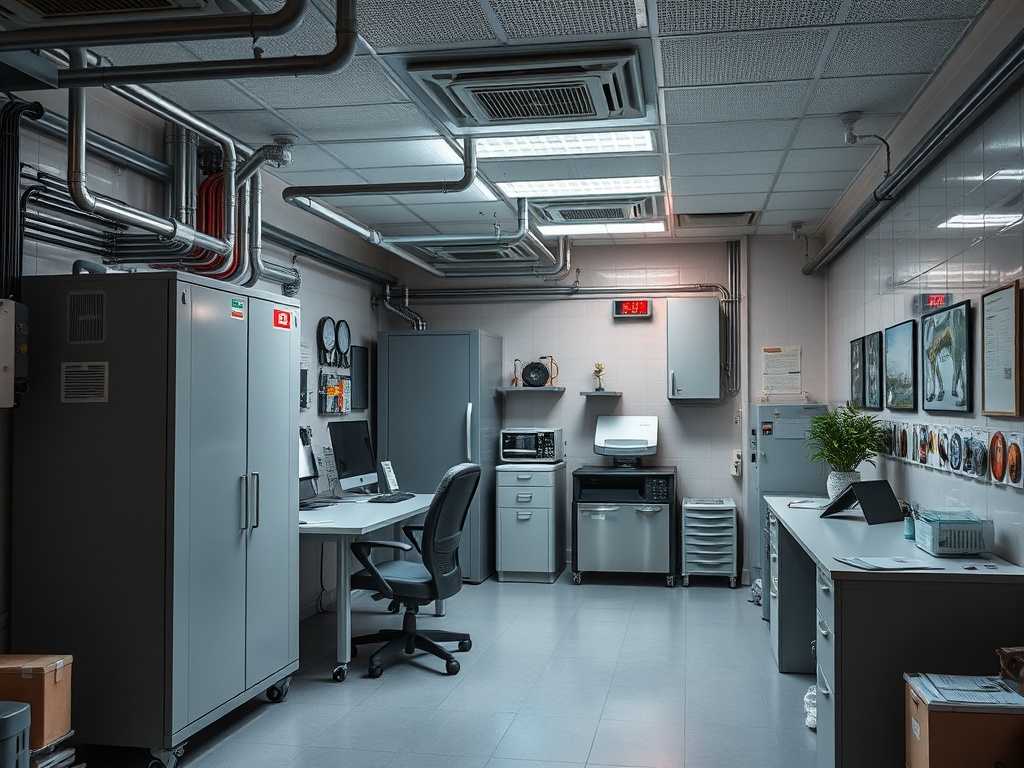 Современный офис с компьютером, столом, техникой и оформлением на стенах. Уютная и организованная обстановка.