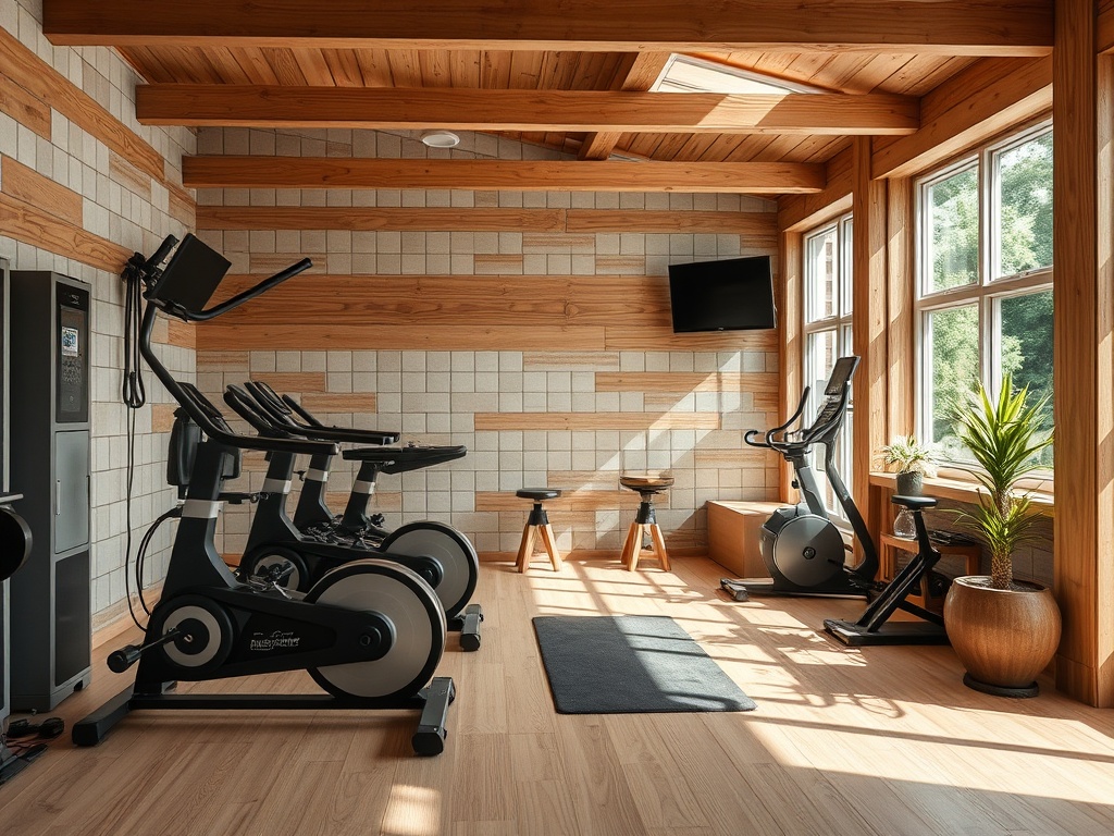 Светлое и уютное помещение с тренажерами, телевизором и растениями. Идеально для занятий спортом.