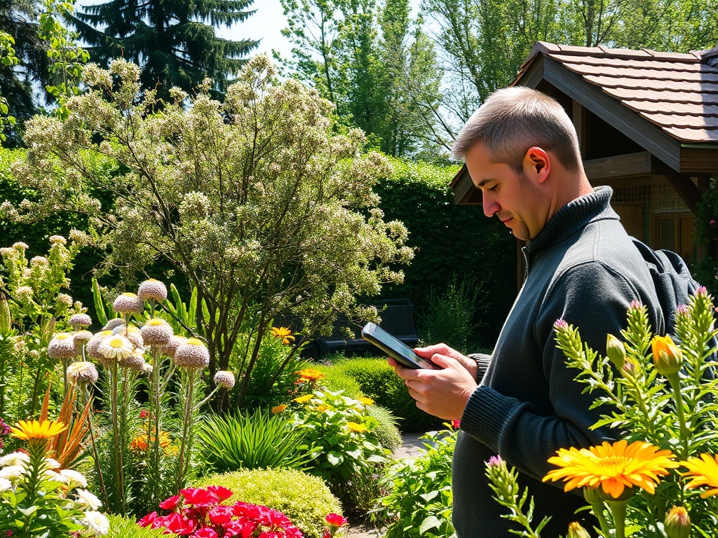 Мужчина читает на экране устройства, находясь в цветущем саду с яркими цветами.