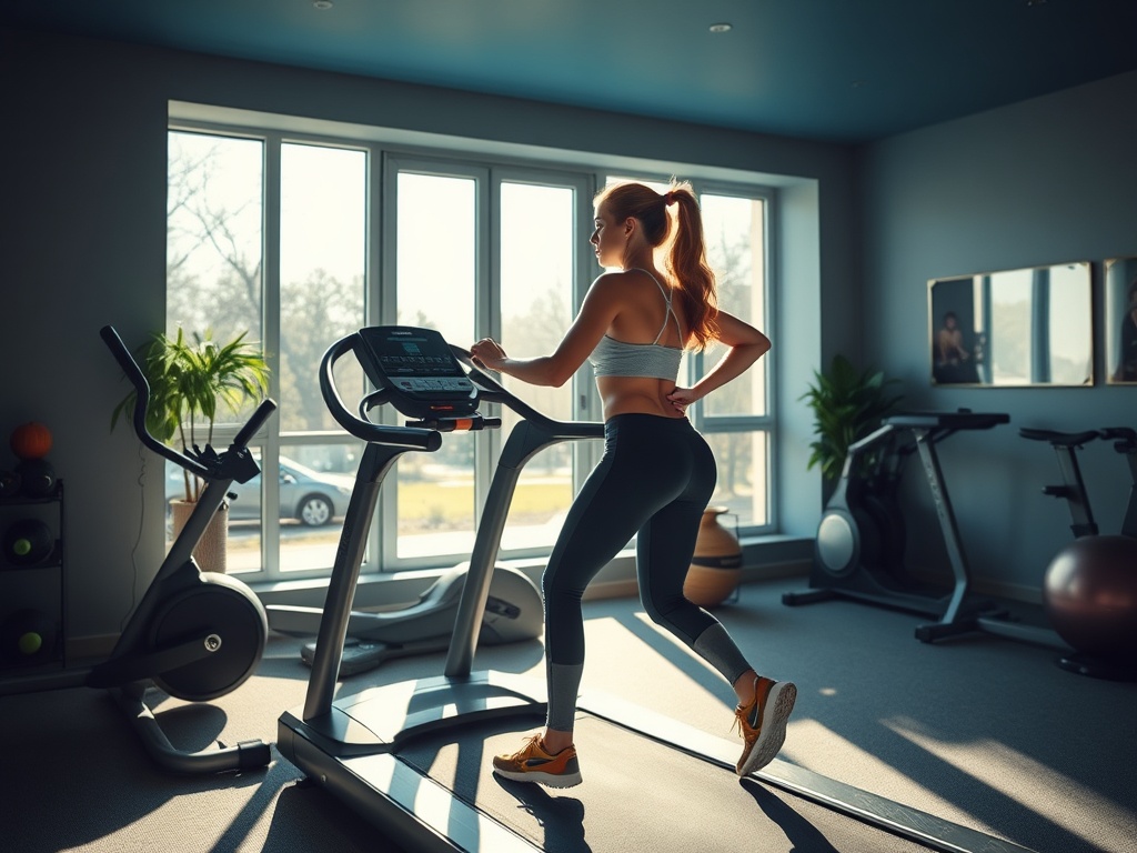 Женщина занимается спортом на эллиптическом тренажере в светлом фитнес-зале с большими окнами.