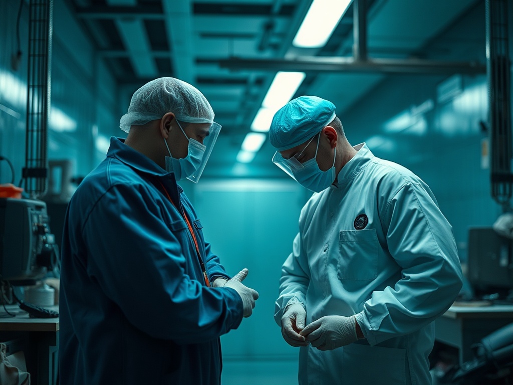 Два человека в защитной одежде готовятся к работе в лаборатории с высоким уровнем стерильности.